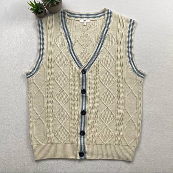 BP Oversized Varsity Stripe Cable Knit V Neck Cardigan Sweater Vest (Ivory/Blue) - Picture 1 of 14